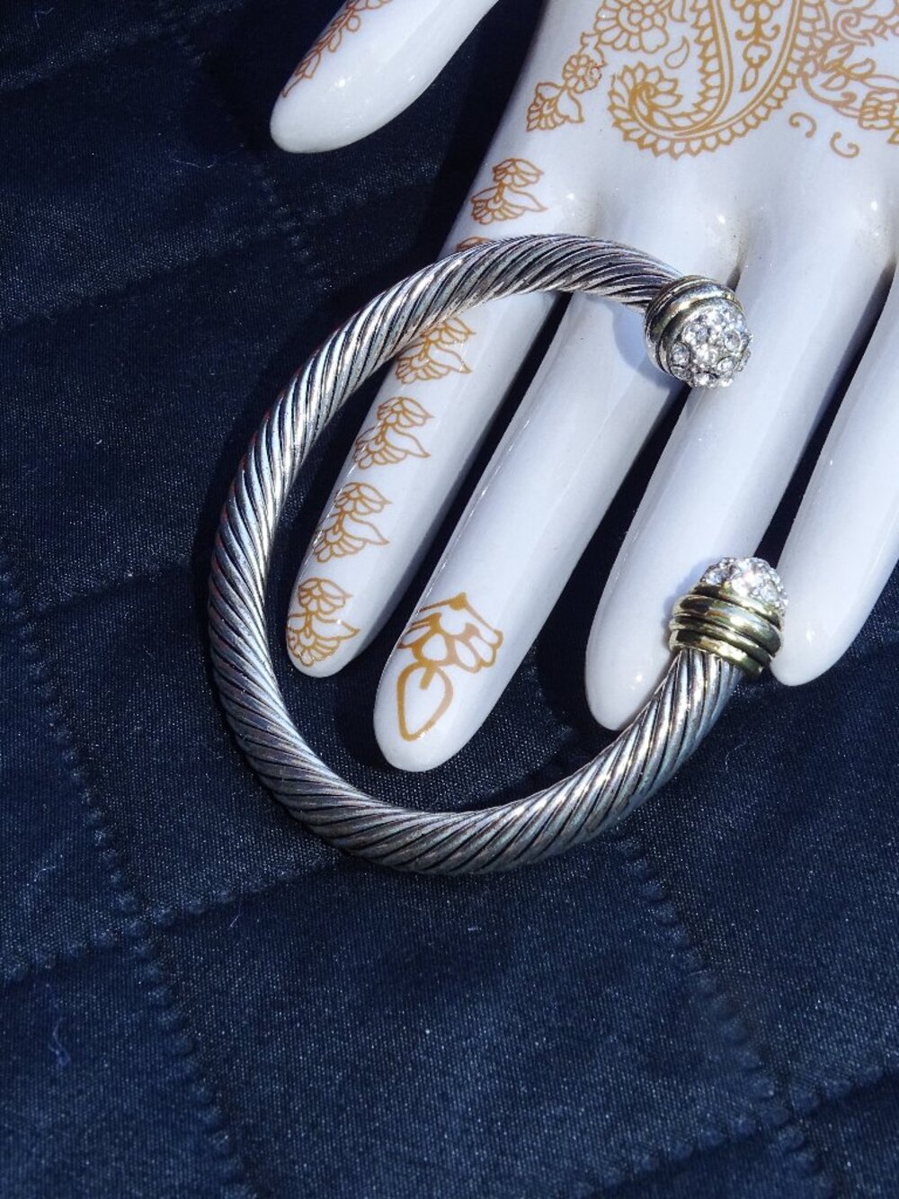Sterling-Tone Twisted Cable Cuff Bracelet with Crystal Stone Accents